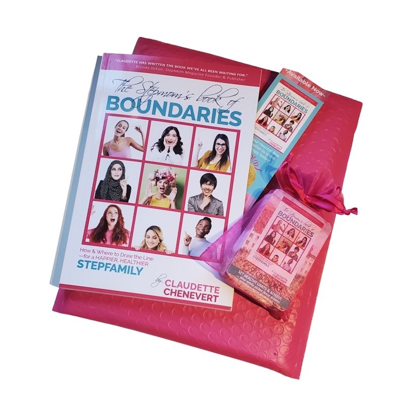 Book on Boundaries with bookmark and a card deck in a pink transparent bag. 