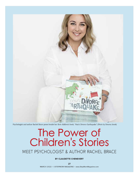 woman dressed in white holding a children's book. Words The Power of Children's Stories, StepMom Magazine