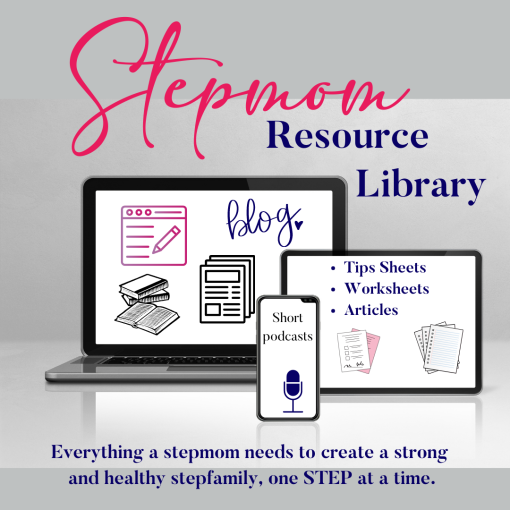Grey background, Stepmom Resource Library title, laptop,iPad and phone with icons blogs, articles, tip sheets, microphone