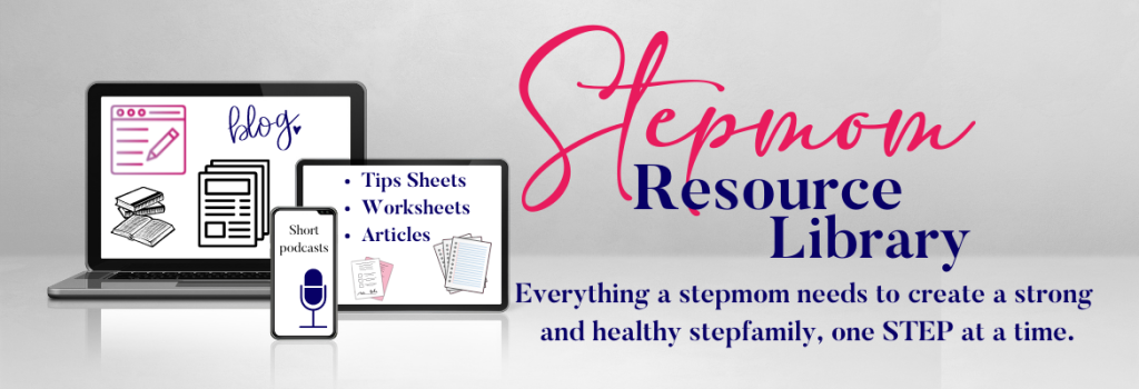 Stepmom Resource Library Gray background, laptop, iPad and phone images