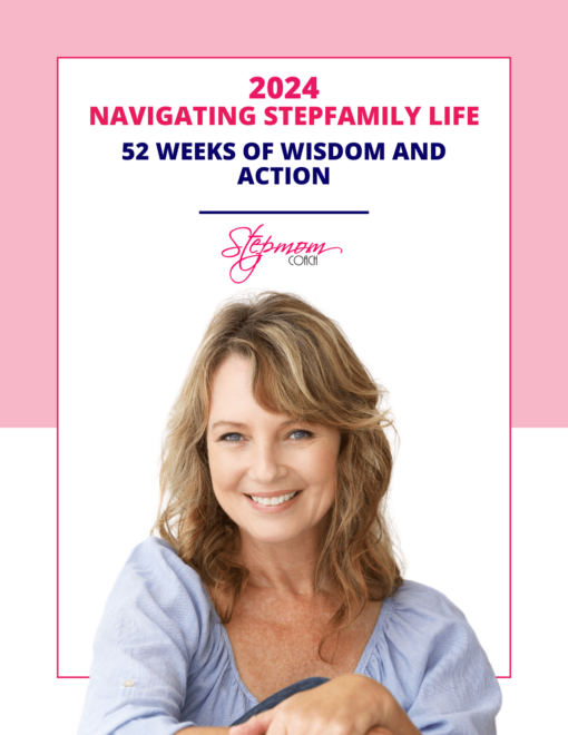 Cover of the 2024 Stepmom Planner featuring a smiling woman with shoulder-length hair. Above her, the text reads '2024 NAVIGATING STEPFAMILY LIFE' followed by '52 WEEKS OF WISDOM AND ACTION' in bold. The 'Stepmom Coach' logo is elegantly placed below the title. The background is pink with a white overlay around the edges.