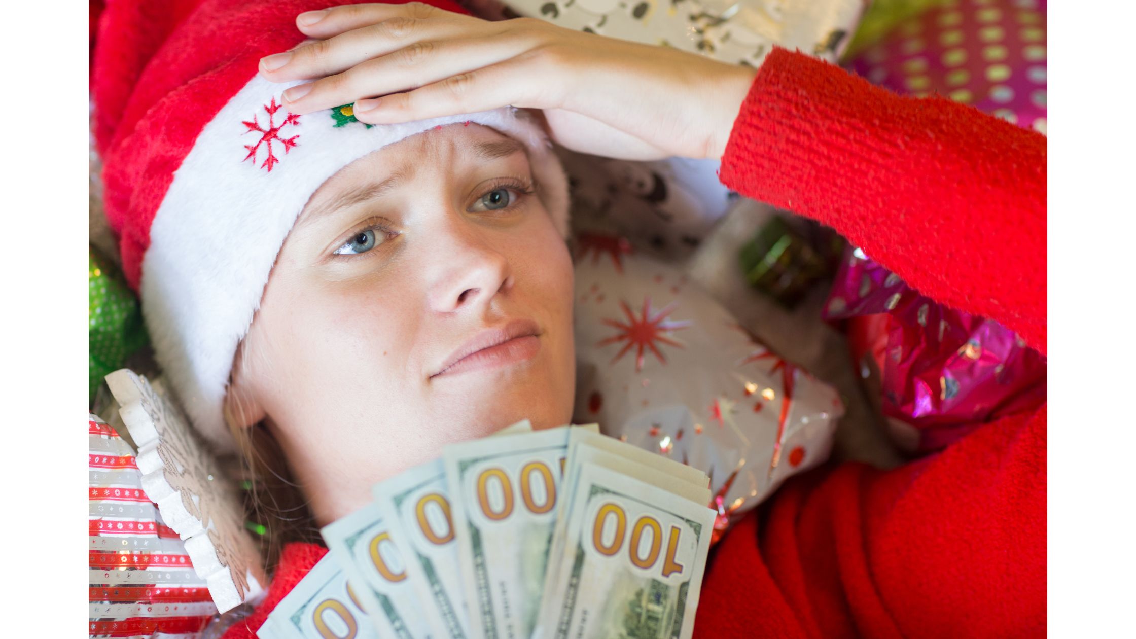 Stepmom in a red Christmas suit, 100 dollar bills in her hands, finding ways to set a sensile budget