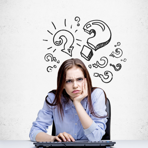 Woman sitting in front of her laptop with questions marks above her head. Stepmom Resilient Blueprint program